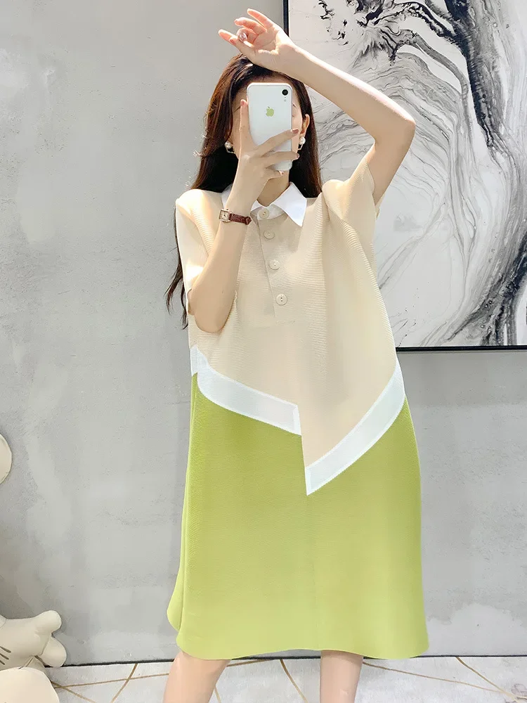 

Miyake Women's Color Matching Dress, Autumn and Winter New Fashion Print Pleats, Medium Length, Loose Length Skirt