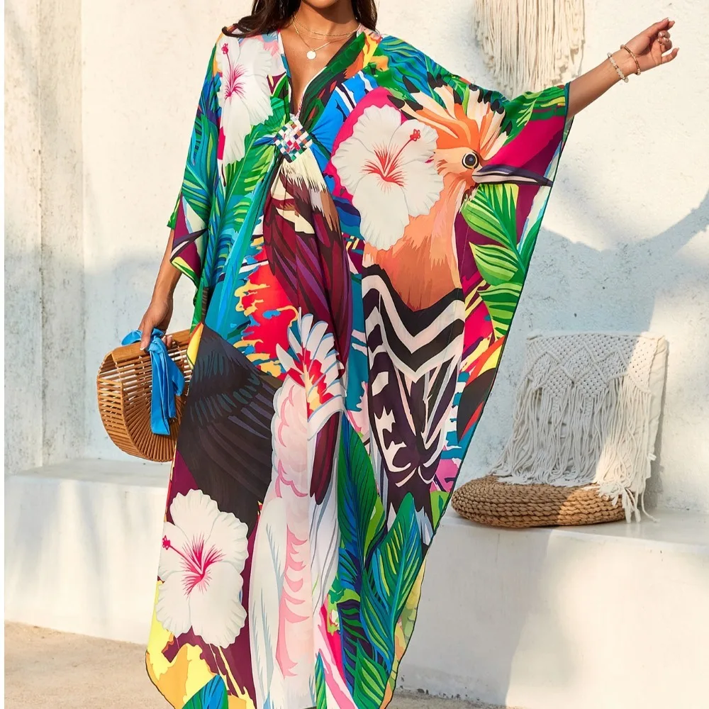 Fashion V Neck Summer Sunscreen Smock Plus Size Loose Beachwear Shirt Vacation Long Swimsuit Cover Up Dress for Women