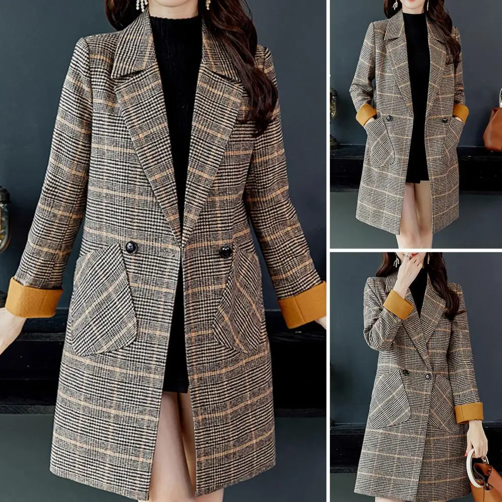 

Retro Print Jacket Plaid Print Mid Length Double Buttons Pockets Loose Long Sleeve Lapel Thick Warm Windproof Trench for Women's
