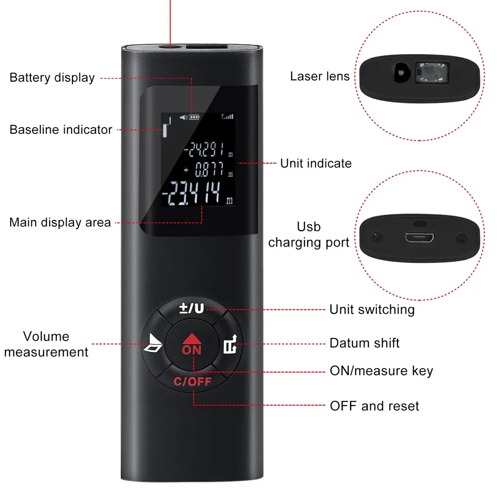 Mini Laser Distance Meter 40M/60M Measure Infrared Rangefinder USB Rechargeable Portable Handheld Laser Range Finder Tools