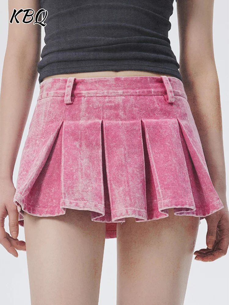 

KBQ-Folds Patchwork Lined Denim Skirt for Women, High Waist, Spliced Zipper, Casual Skinny Mini Skirts, Summer Fashion, New