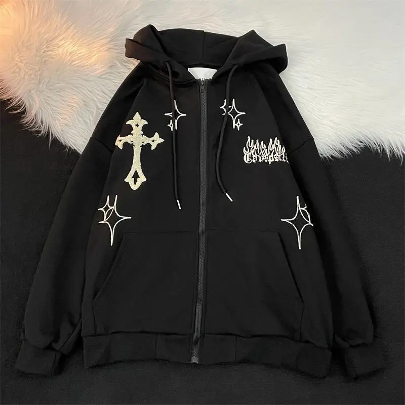 

Vintage Embroidery Hoodies Women Harajuku Long Sleeve Zip Up Sweatshirt Hip Hop Gothic Streetwear Hooded Jacket Coat Y2K Clothes