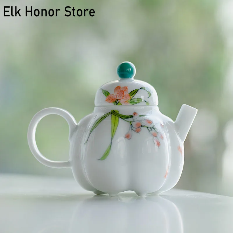 

125ml Pure Hand-painted Iris Ceramic Teapot Creative Chinese Pumpkin Pot With Filter Hole Tea Maker Porcelain Pot Kung Fu Teaset