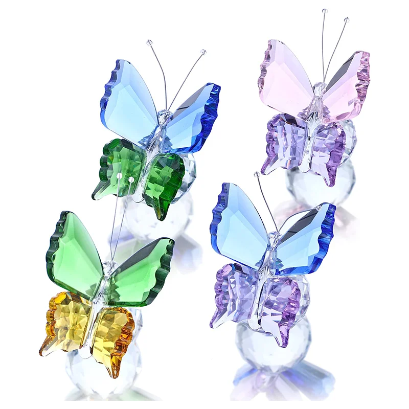 

H&D Crystal Butterfly Figurine Ornament with Ball Base, Glass Butterfly Animal Statue Table Decor Paperweight Gift, 4pcs
