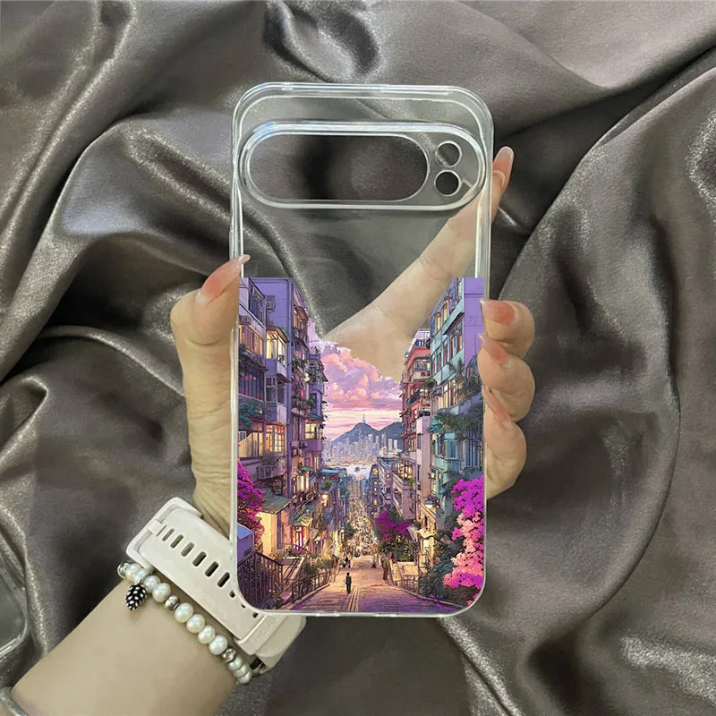 Anime Cityscape Transparent Phone Case with Pink Sunset TPU Cover