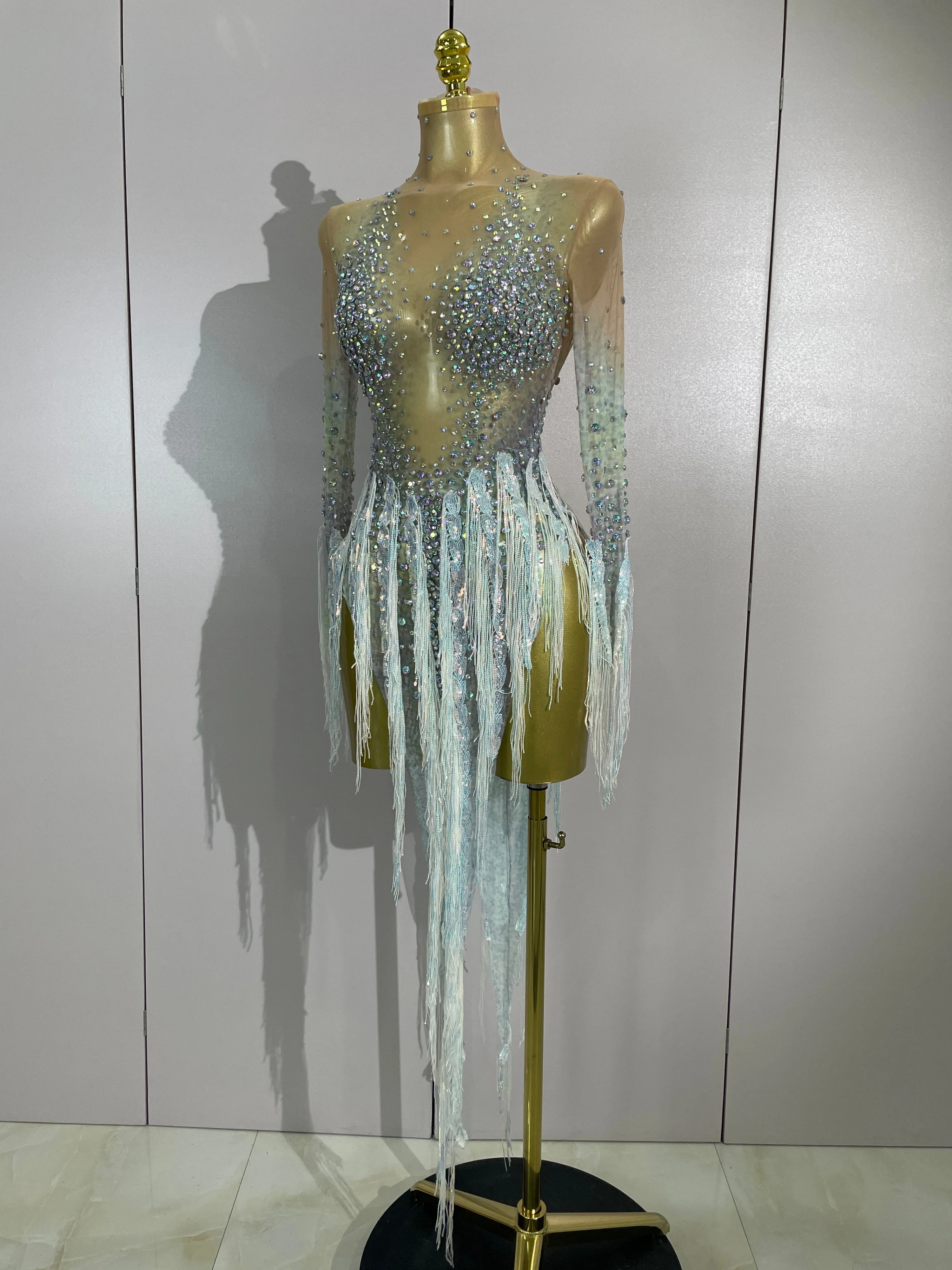 Sexy Mesh See Through Sparkly Rhinestone Tassel Long Sleeves Mini Dress 2026 Women Latin Dance Nightclub Party Club Stage Wear