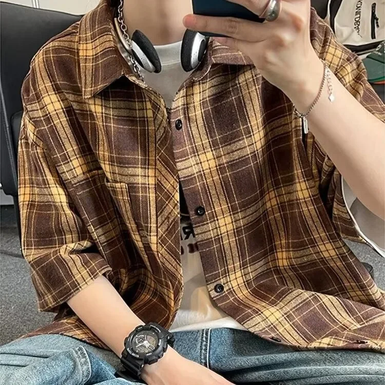 Casual Plaid Short Sleeve Shirt For Men Summer Japanese