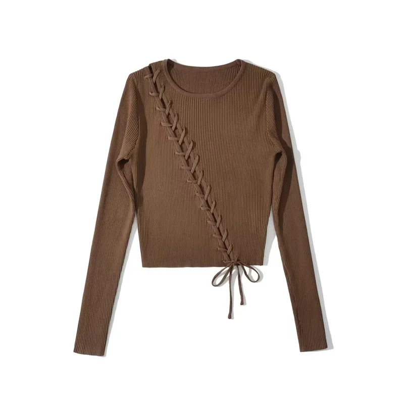 Women Solid Asymmetric Lace Up Detail Knit Crop Jumper