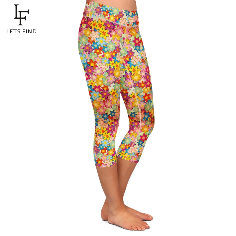 Summer New Arrival High Waist Colorful Flowers Print Women Capri Leggings Elastic  Mid-Calf Women Casual Leggings
