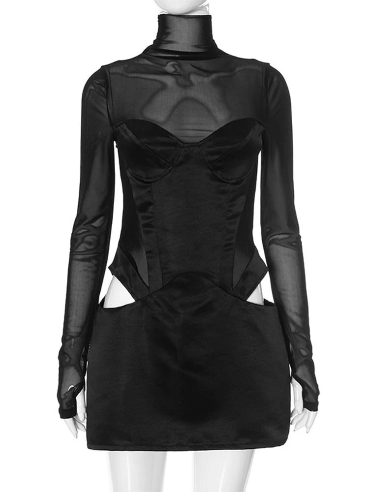 Fashion Pullover Sexy Women Mesh Turtleneck Long Sleeve Satin Cut Out Dress Bodycon Short Club Evening Fashion Party Dress 2024 4