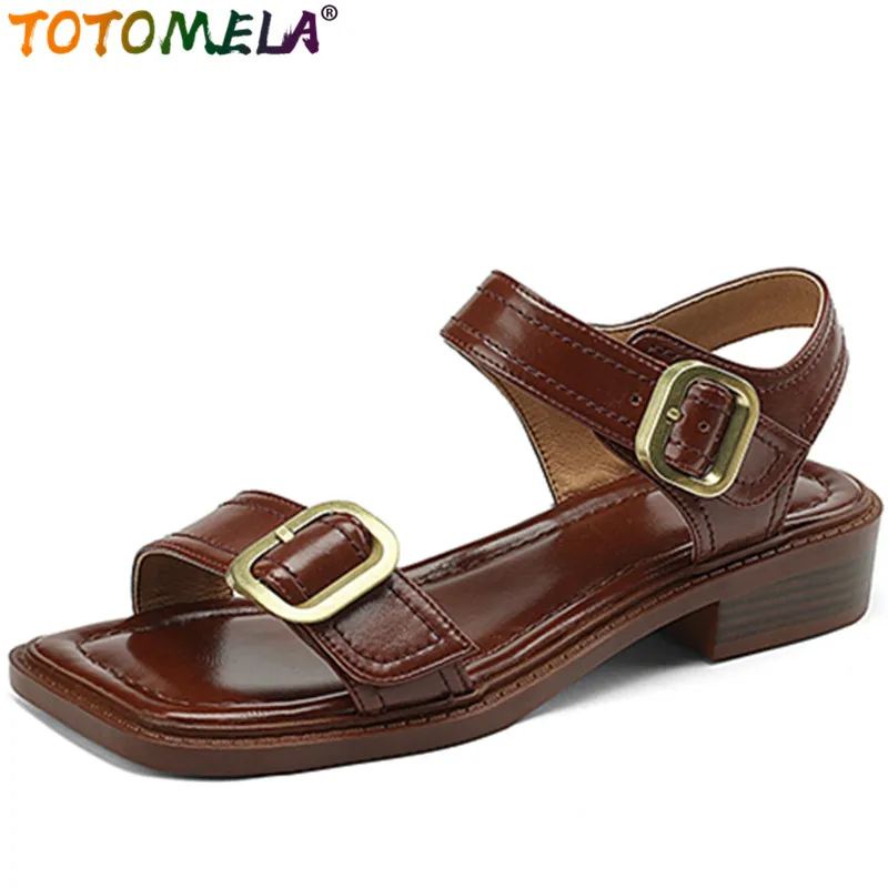 

TOTOMELA 2022 New Square Med Heels Shoes Vintage Genuine Leather Sandals Woman Top Quality Office Ladies Dress Sandals