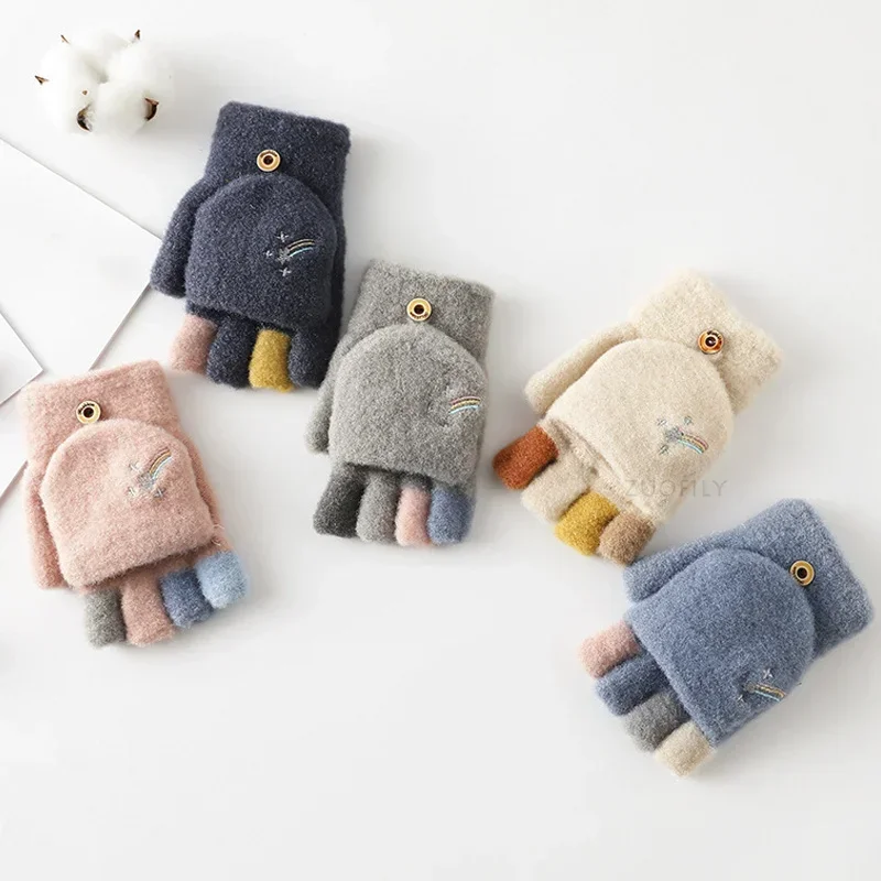 Cute Cartoon Kids Five-finger Flip Knit Mittens Plush Baby Gloves Children Boy Girls Winter Soft Warm Thick Half Finger Glove