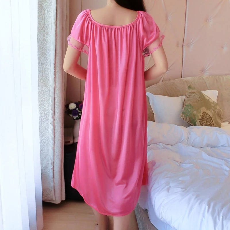 Women Night Gowns Sleepwear Lace Patchwork Nightwear Long Sleeping Dress Casual Ladies Home Dressing