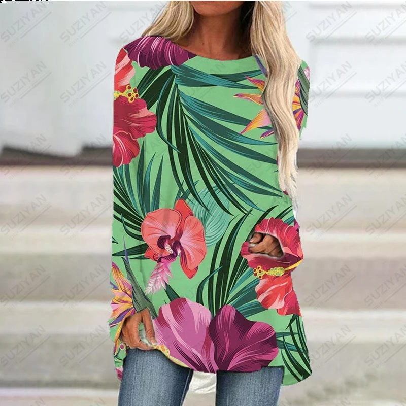 

New Spring/Summer Women's Colorful Fragmented Flower 3D Printed Beach Skirt Women's Round Neck Pullover Long Sleeve A-line Skirt