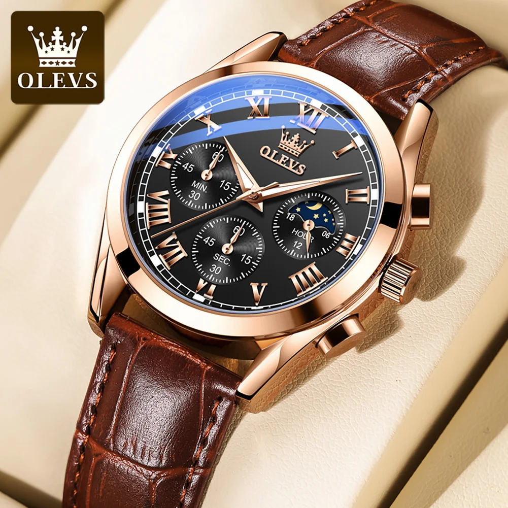 OLEVS Luxury Chronograph Men's Wristwatch – Waterproof Quartz with Moon Phase and Multifunction Features