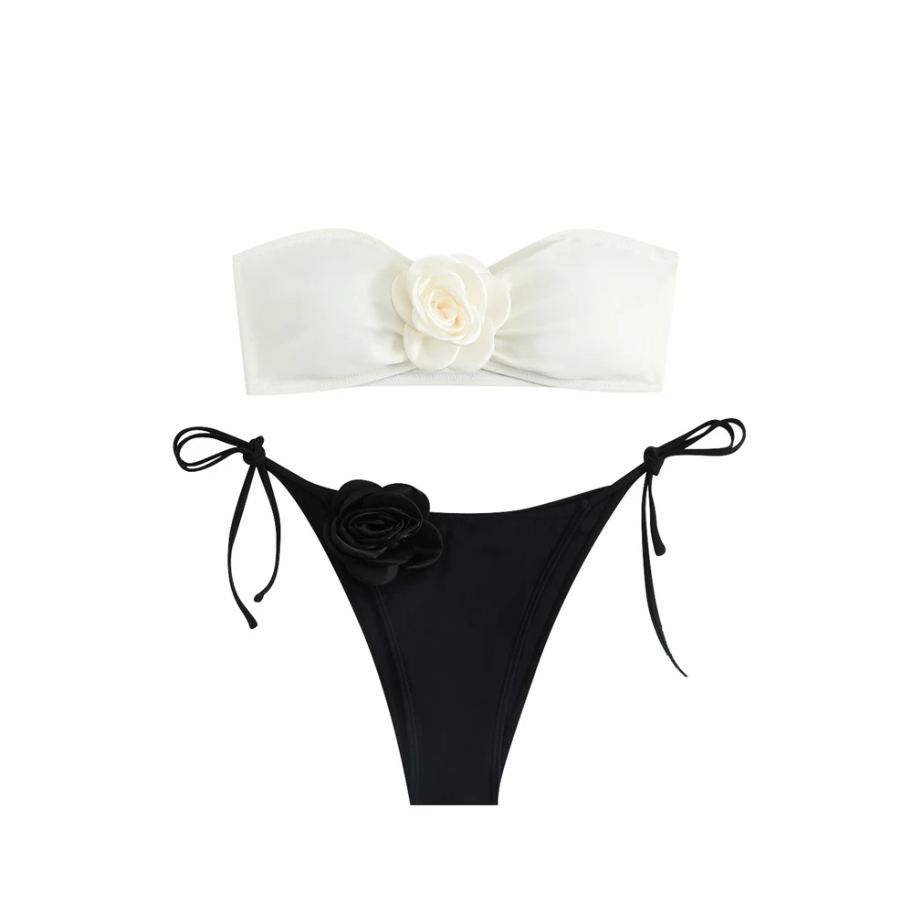 New Rose Chest Sexy Bikini Set Strapless Tube Top With Drawstring Strap Bottom Swimming Two Piece Suit Solid Black/White