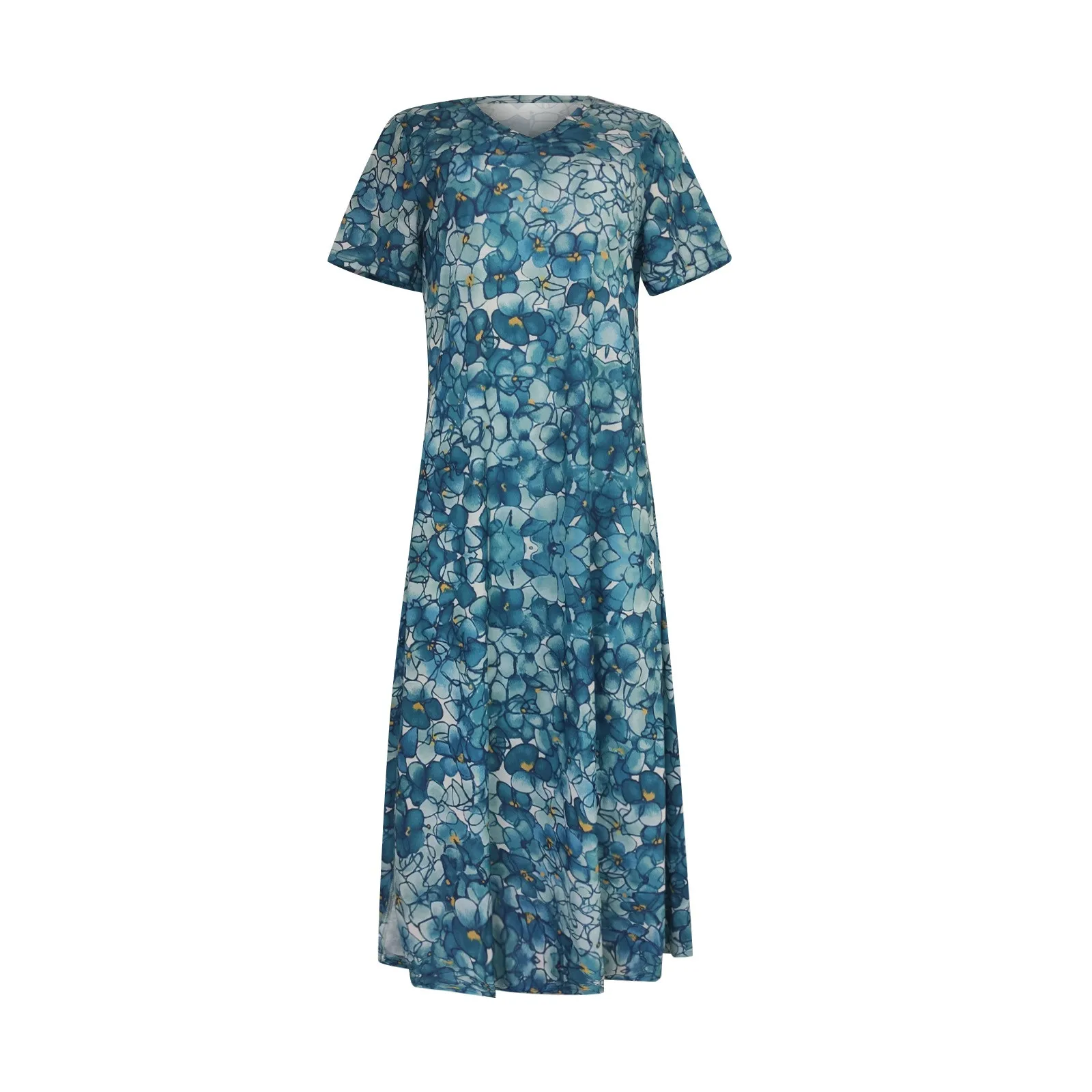 

Elegant Women's Dress 2023 Fashion V Neck Printed Short Sleeve Dress Loose Side Slit Dress High Quality Summer Casual Dresses