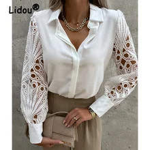  White Chic Hollow-out Lace Blouse Hook Flower Embroidery Decoration V Neck Casual Solid Shirt Half Puff Sleeved Cotton Top Women 