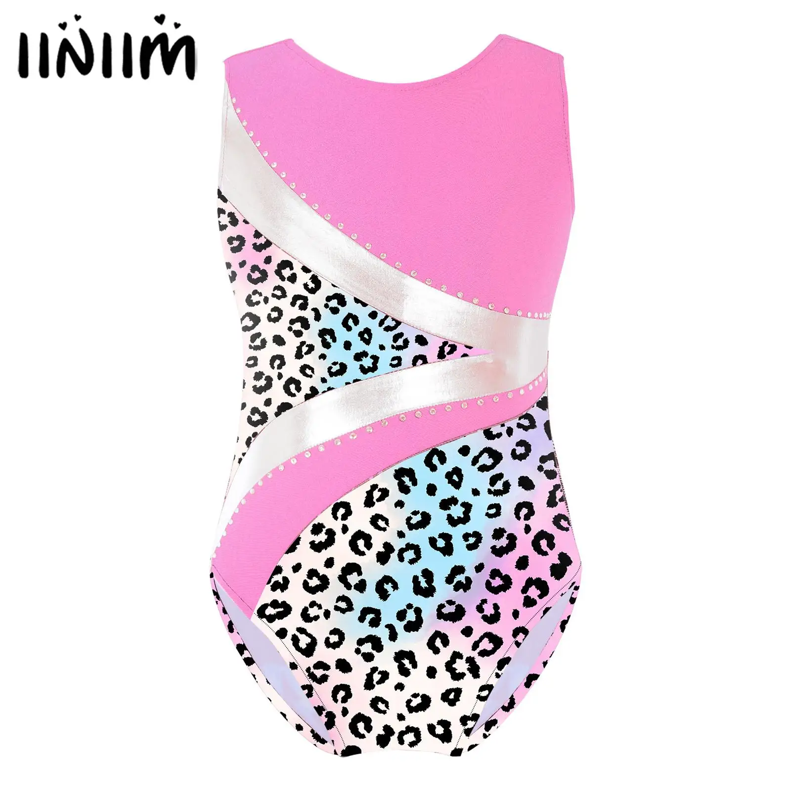 

Kids Girls Gymnastic Ballet Costume Round Neckline Bronzing Cloth Striped Pattern Print Shiny Rhinestone Ballet Dance Leotards
