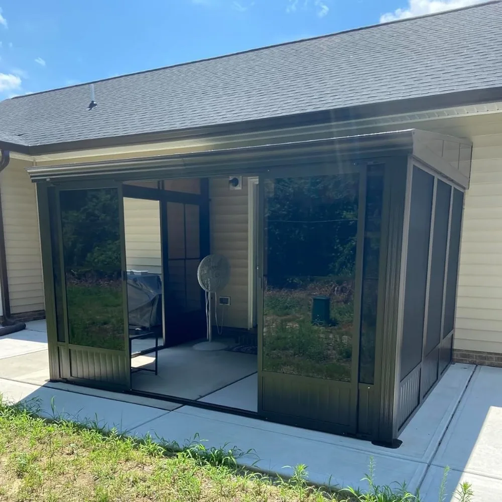 Aluminum Wall Mounted Gazebo with Galvanized Steel Sloping Roof,Lockable PC Screen House,with Front Door&Side Sliding Door