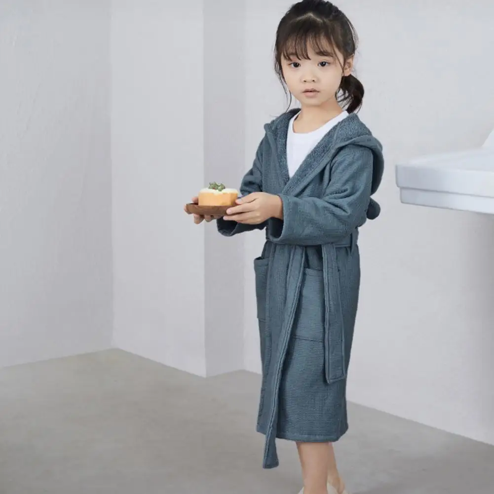 Kids Hooded Bathrobe Belted Thick Soft Water Absorbent Children Robe Solid Color Boys Girls Toddlers Robe Pajamas Sleepwear