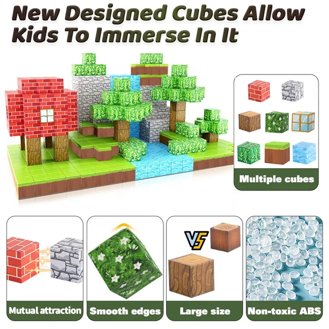 Magnetic Building Blocks Stacking Construction Set STEM Sensory Toys for Mine World Kids Boys Girls Ages 3+ DIY Magnet Cube Gift 5
