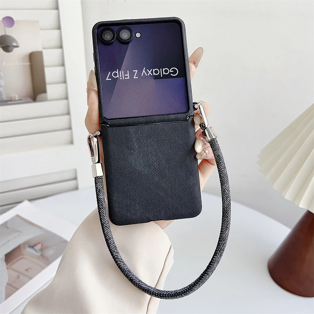 Luxury Denim Leather Phone Case with Lanyard and Wrist Strap - Slim Cover Design