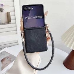 Luxury Denim Leather Phone Case with Lanyard and Wrist Strap - Slim Cover Design - Galaxy Z Flip5 (Black)