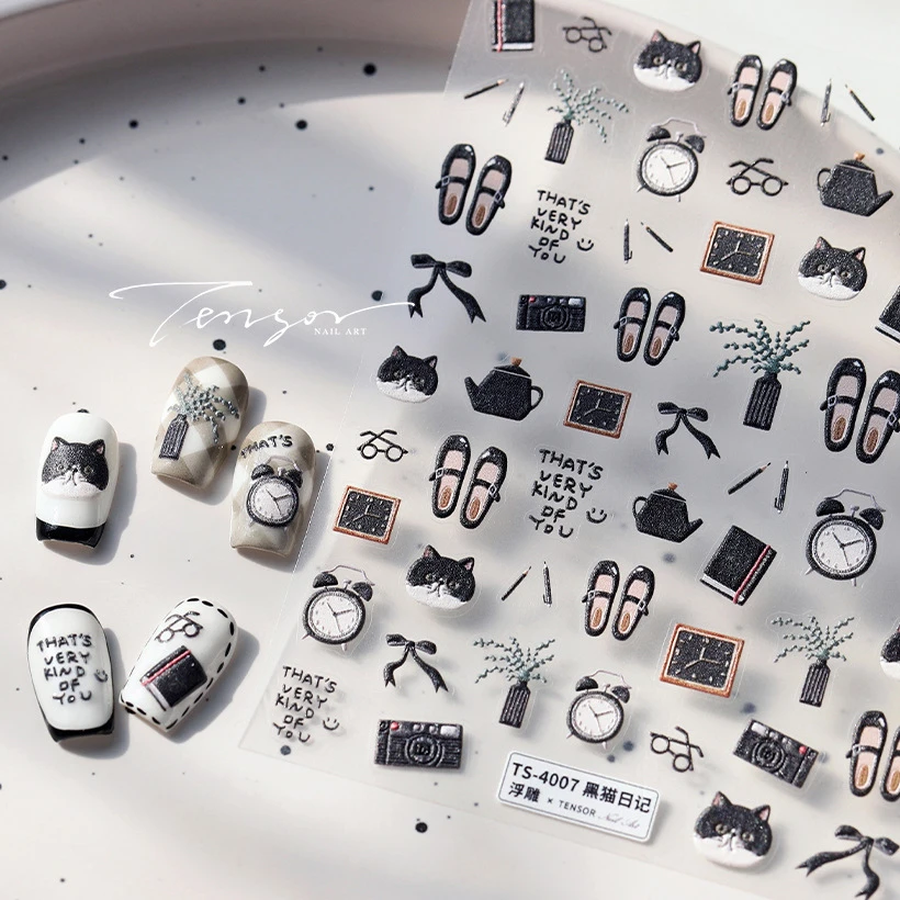 검은 고양이 새끼 고양이 안경 카메라 계시기 신발 노트북 꽃병 펜 주전자 Bowknot 항목 접착제 네일 아트 스티커 매니큐어 데칼