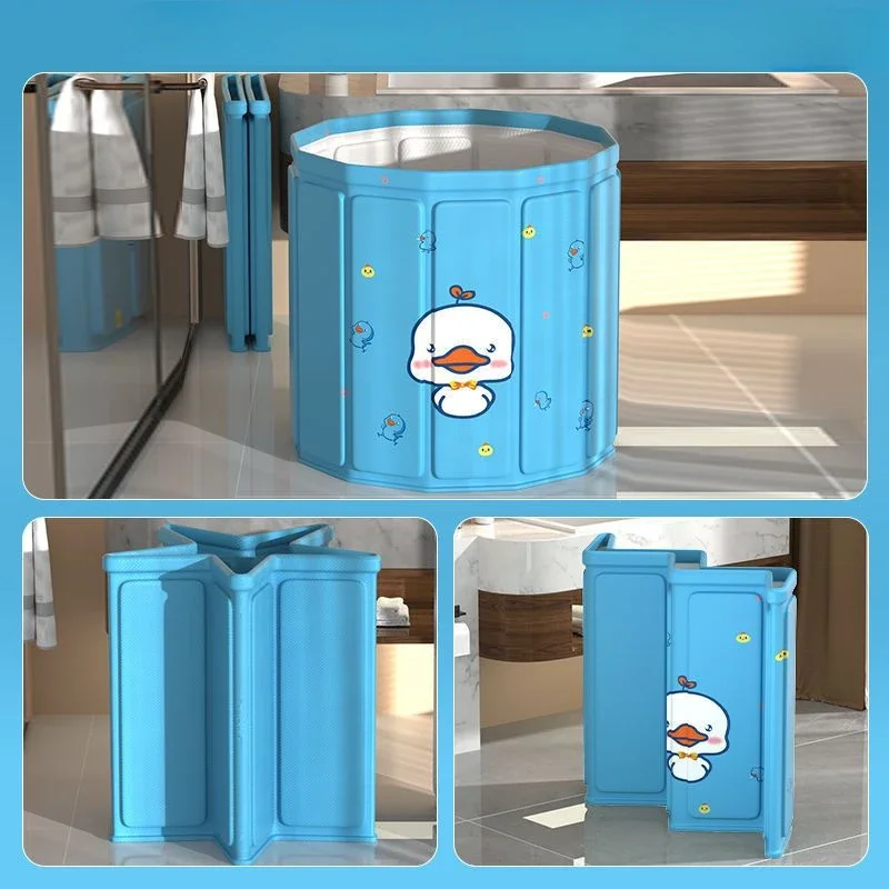Portable Collapsible Bathtub Household Children's Bathtub Swimming Bathing Full Body Blue with Seat Cushion Water Pipe