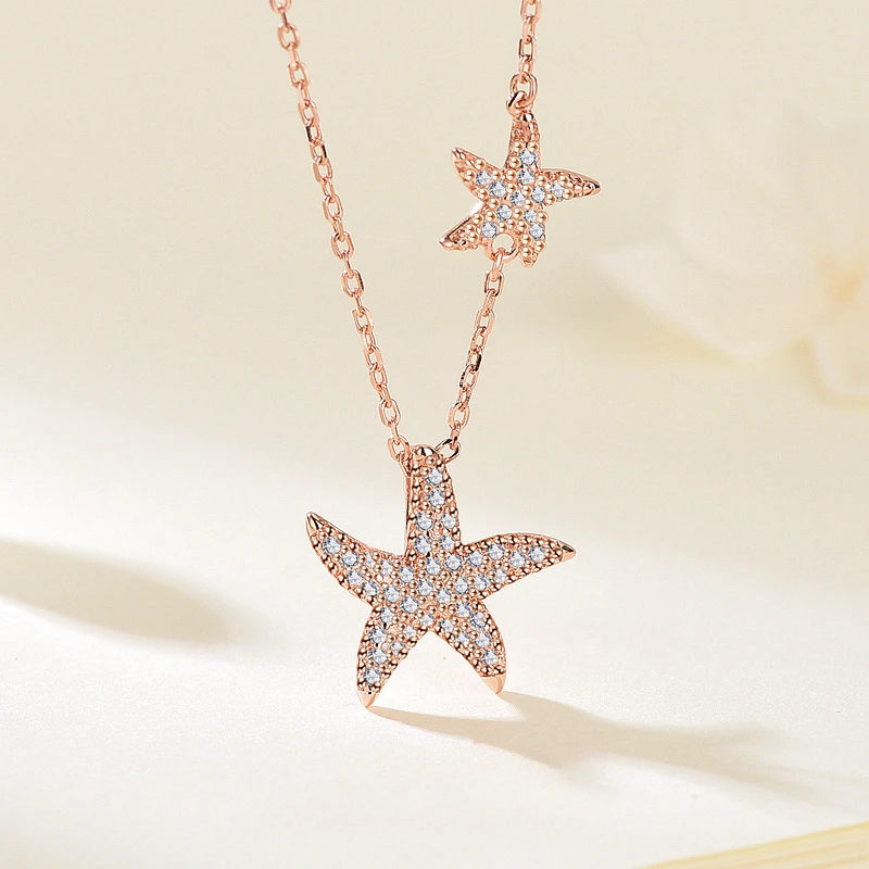 

TKJ 925 Sterling Silver Rose Gold Double Starfish Zirconia Pendant Necklace Ladies Travel Jewellery Birthday Gift Free Shipping