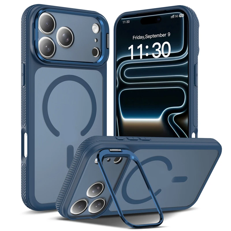 Magnetic Matte Translucent Hard Phone Case with Metal Camera Lens Stand