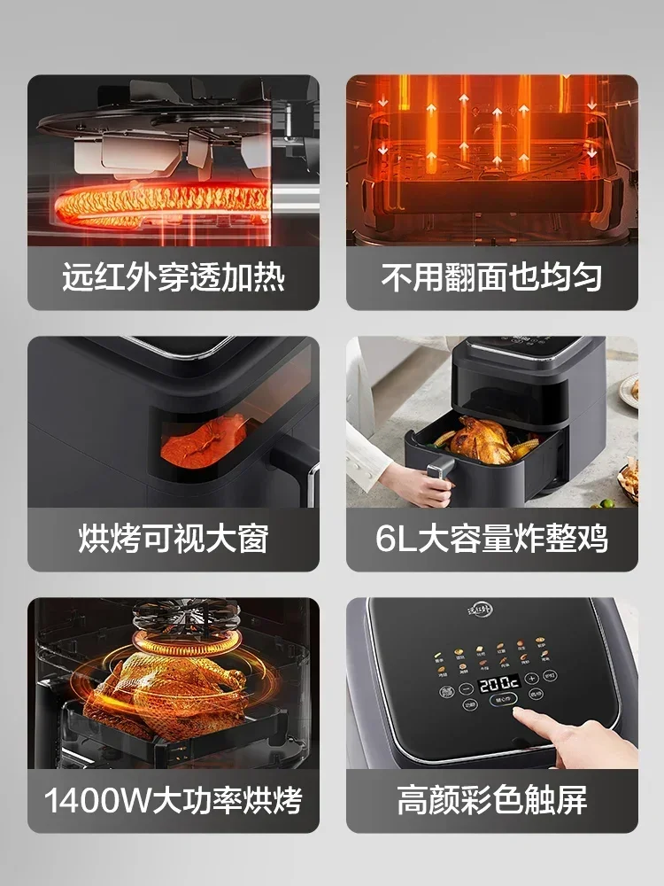 Far infrared air fryer. Visual. Non-flip. Multifunctional. Smart. Stylish & practical. Even cooking. Advanced features 5