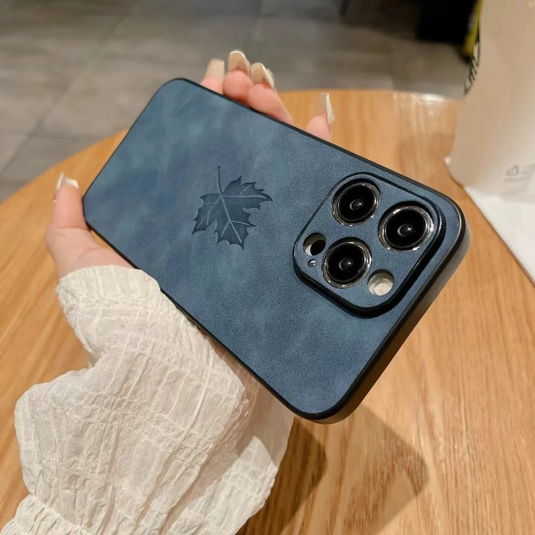 Luxury Maple Pattern Suede Leather Phone Case with Fine Hole Camera and Shockproof Soft Bumper Cover