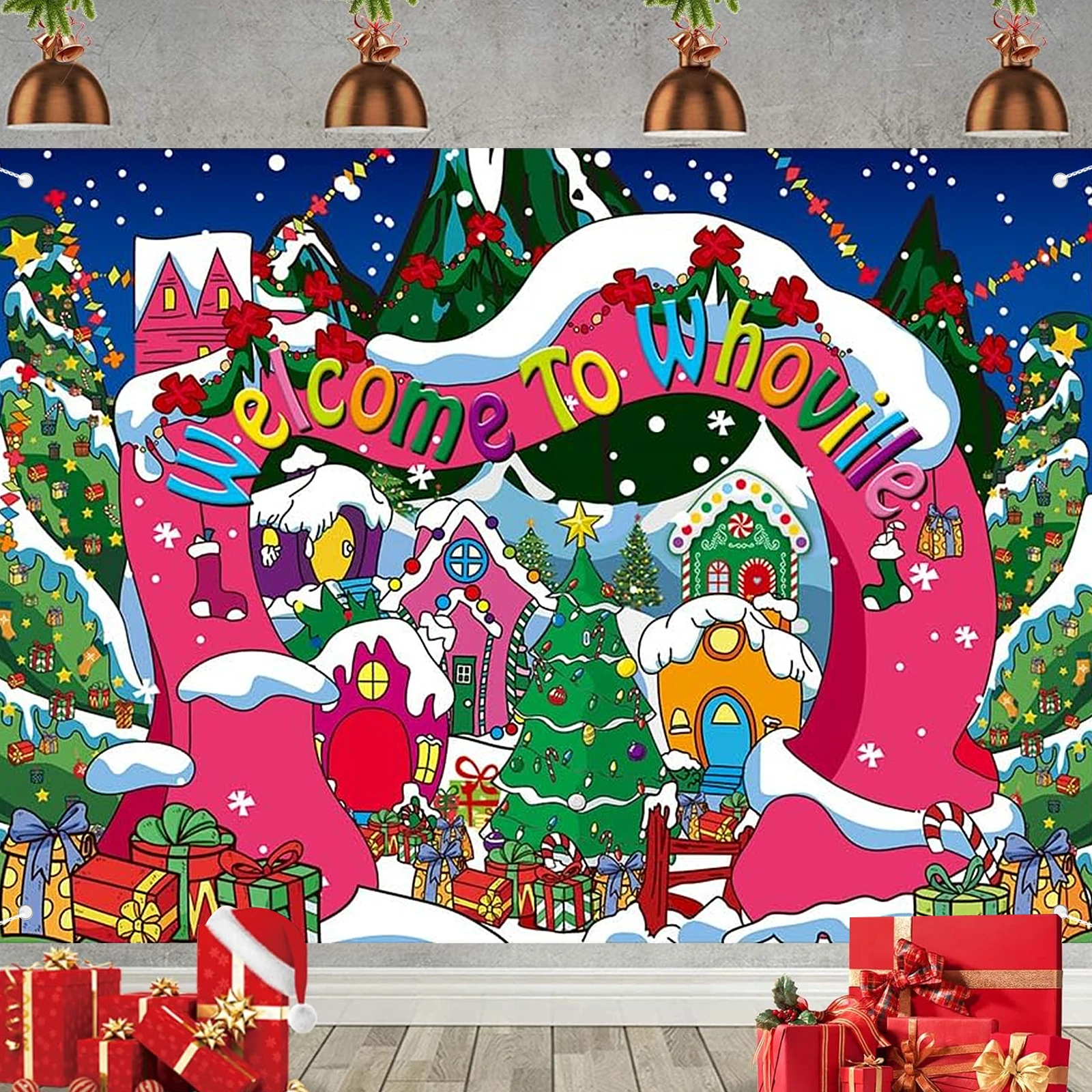 Willkommen bei Whoville-Hintergrund, Winter-Weihnachtsdorf-Fotografie-Hintergrund für Kinder, erster Geburtstag, Babyparty, frohes neues Jahr