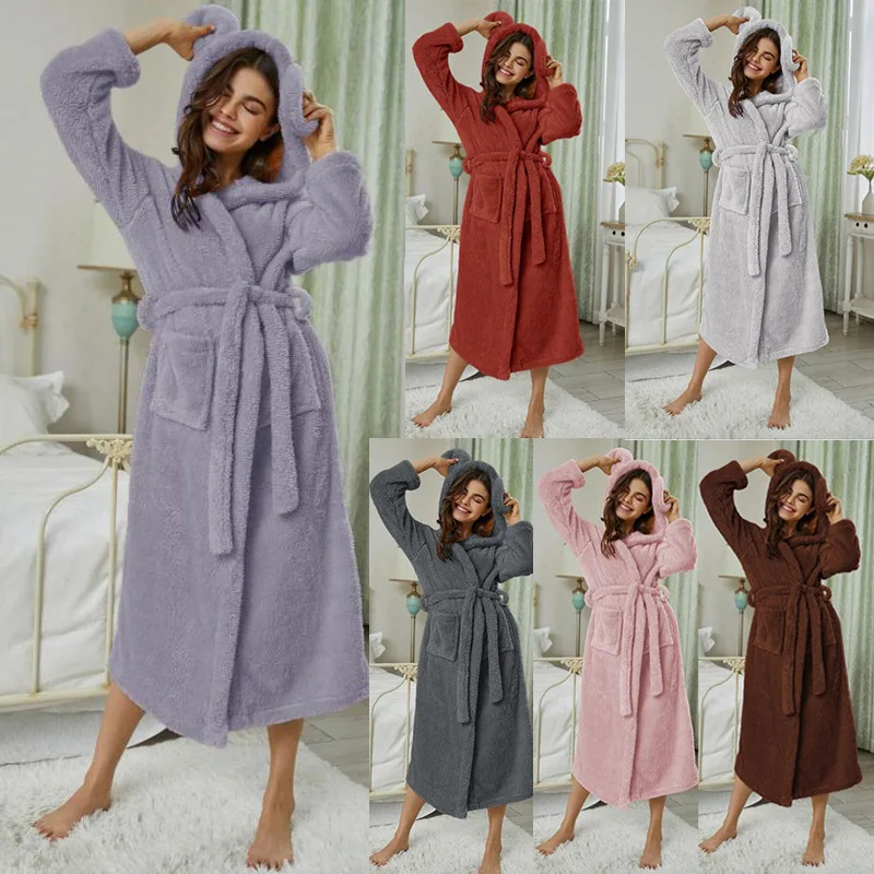Women's New Fall and Winter Solid Color Flannel Hooded Bathrobe Extended Lace-up Elegant Fashion Comfortable Casual Pajamas