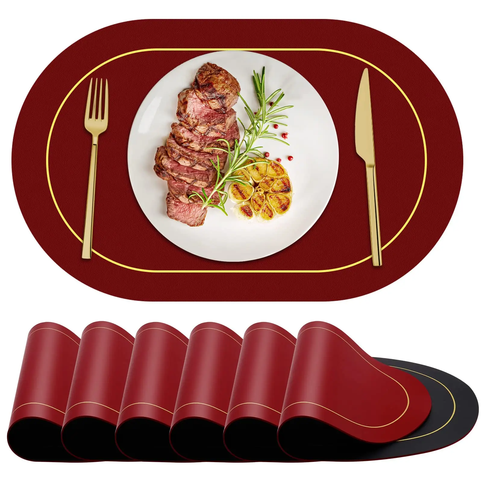 

Faux Leather Placemats for Dining Table,Oval Placemats,Double Sided Color,Wireless Table Mats,Heat Resistant Placemats, Set of 4