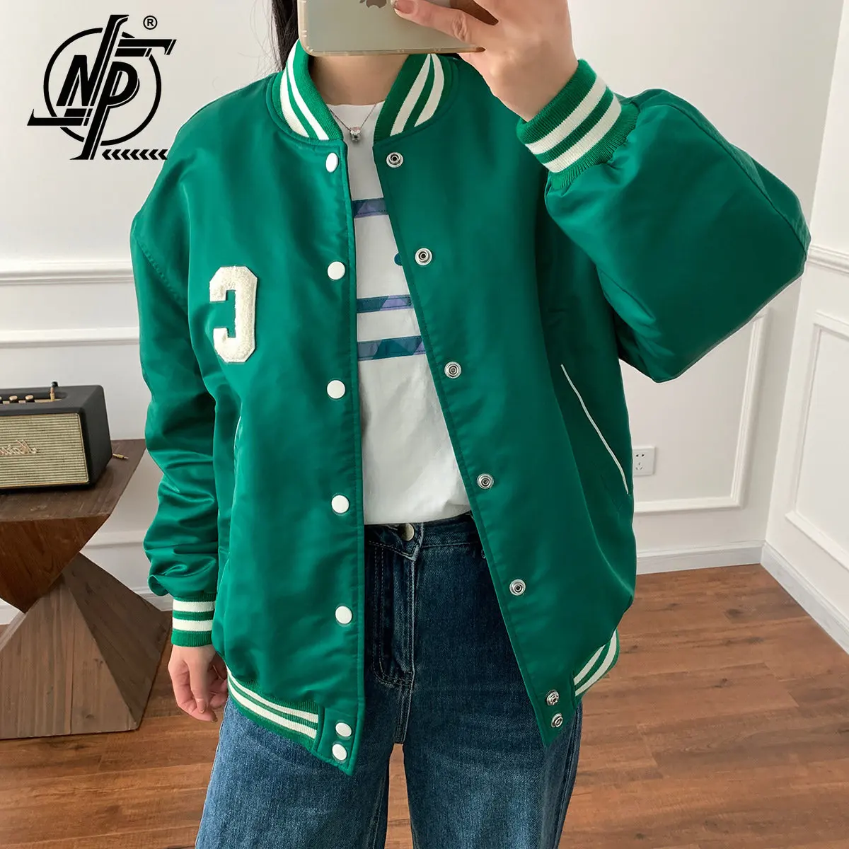 Ce Letter Embroidery Flocking Baseball Jacket Men Green Winter Thick