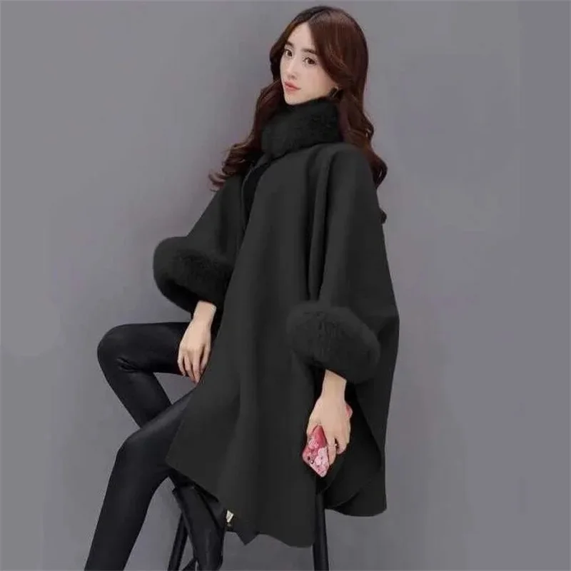 Hepburn Wind Woolen Women's Autumn Winter Mid length Thickened Woolen Coat Imitation Rabbit Hair Collar Women's Clothing Cloak C
