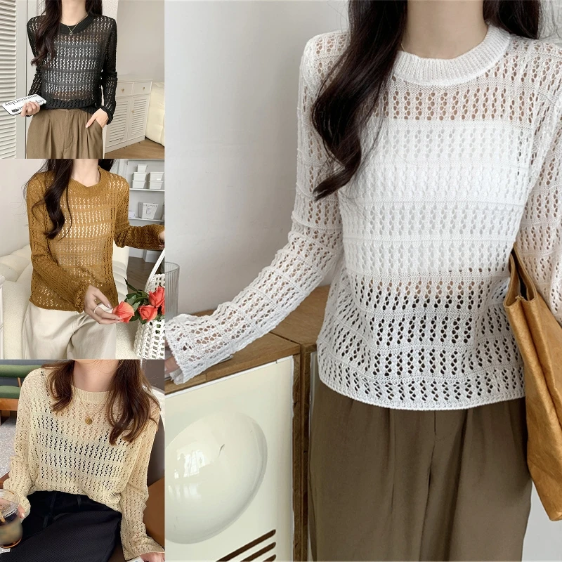 

Women Knit Shirts See-though Hollow Out Sweaters Causal Loose Blouse