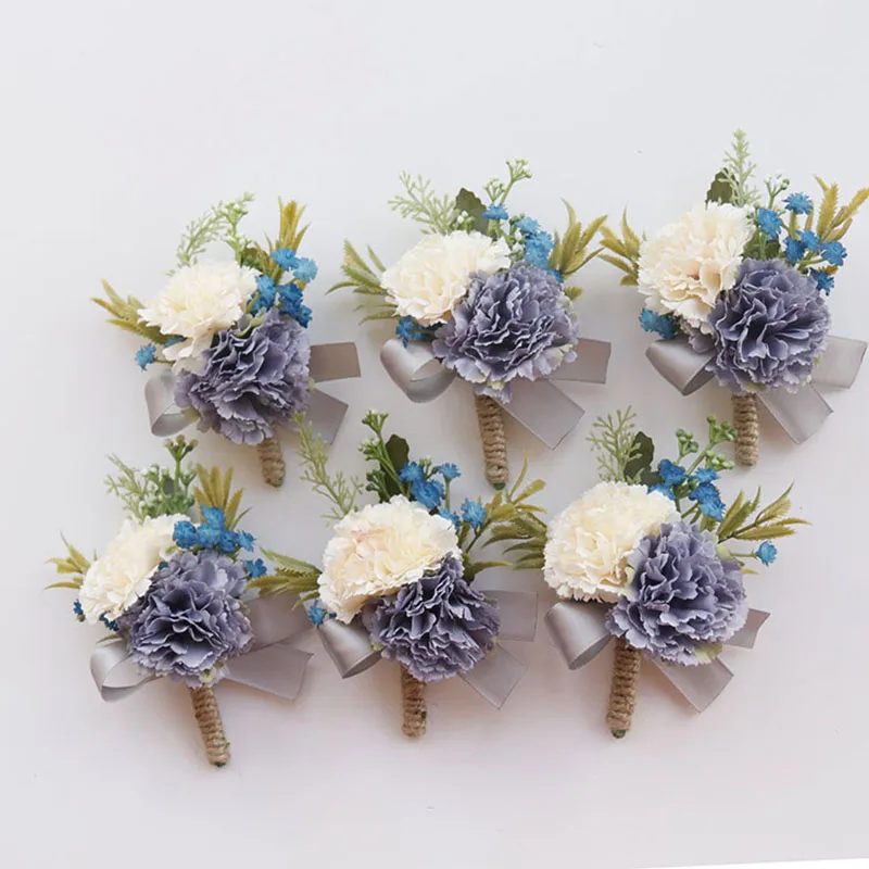 

6PCS White Blue Wedding Wrist Corsage And Boutonniere Set, For Bride, Bridesmaid, Men, Groom, Red Rose Wedding Flower Accessori