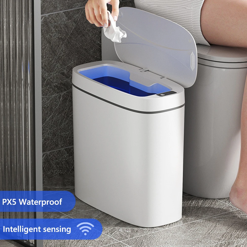 14L Automatic Trash Bin with Lid Intelligent Touchless Trash Can Quiet Auto Motion Sensor Rubbish Can for Narrow Space Bathroom