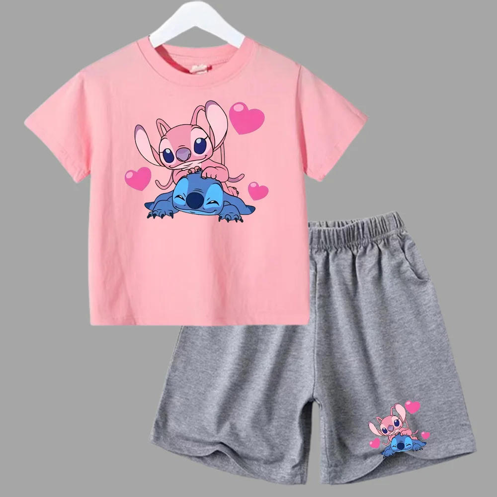 thumbnail image 1 of Conjunto de 2 piezas de camiseta y pantalones cortos de Disney Stitch para niños y niñas, de algodón, informal, cómodo y a la moda, para verano, 1 of 5
