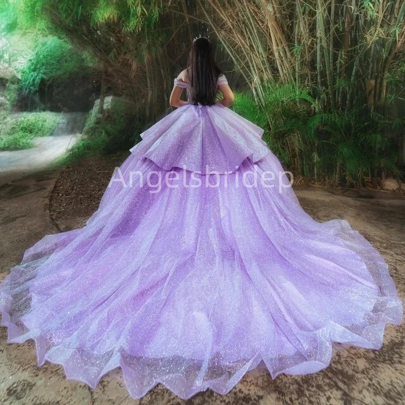 Angelsbridep Sparkly Tulle Lilac Off Shouler Ball Gown Quinceanera Dress Girls Evening Dresses Vestidos 15 A&ntilde;os Quincea&ntilde;era