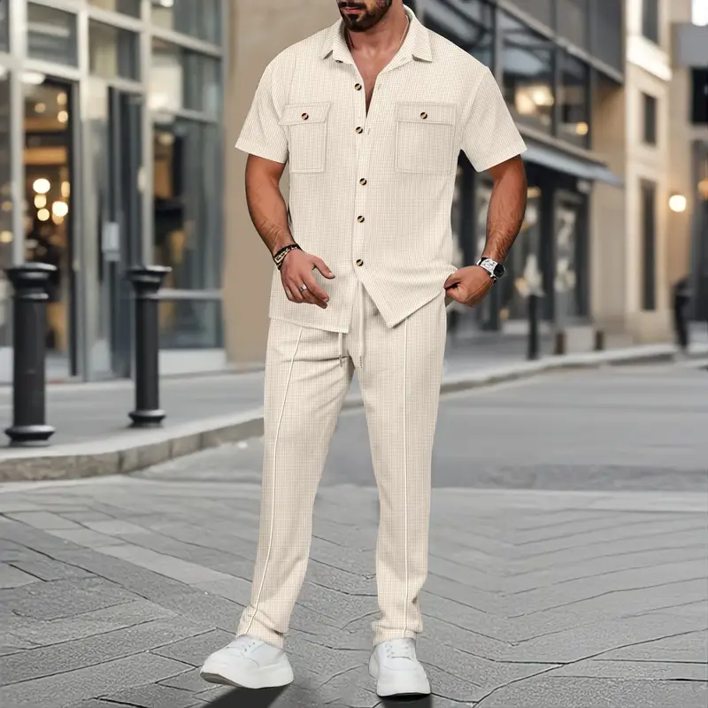 The new 2025 summer Europe and the United States men's casual solid color cardigan double pocket shirt short sleeve pants suit - Image 5