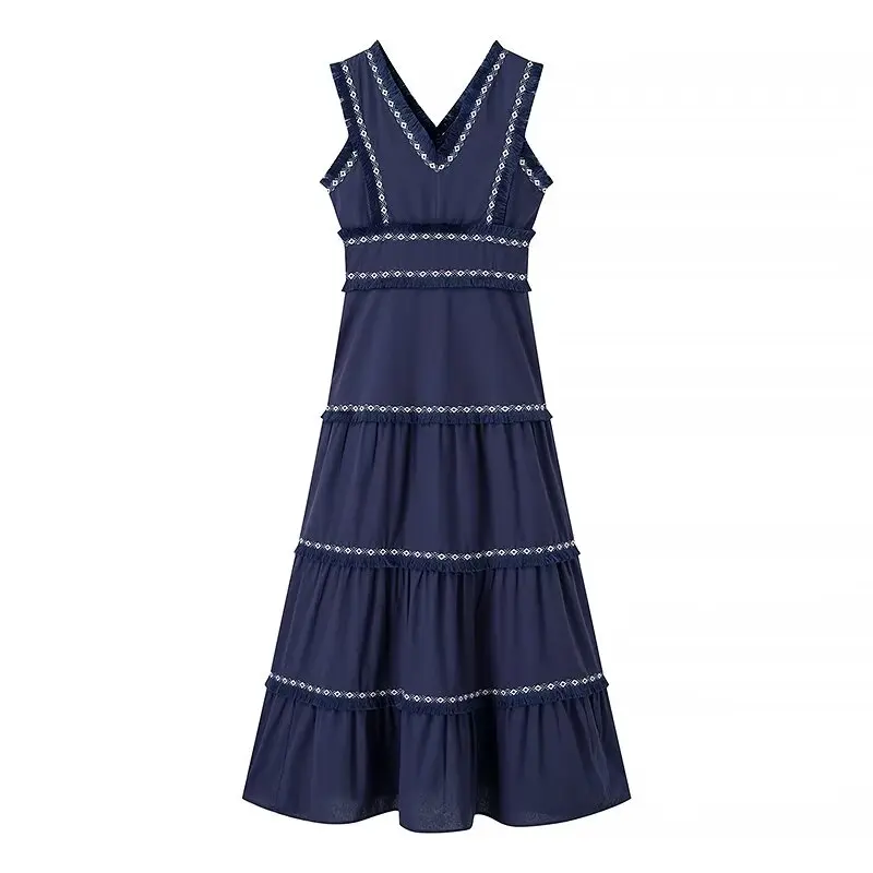 thumbnail image 1 of HH TRAF Vestidos nuevos de verano para mujer, con cremallera en la espalda, escote en V, sin mangas, encaje, borlas decorativas, vestido de empalme de calle para mujer, 1 of 5