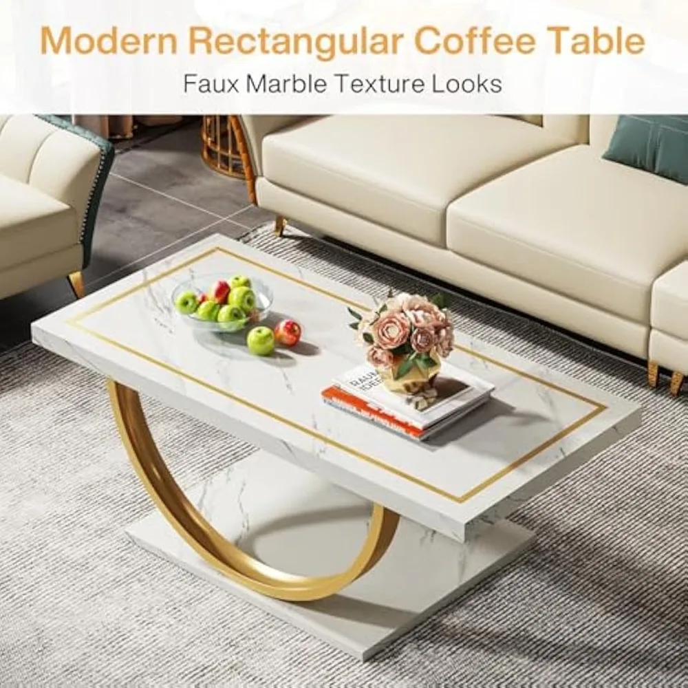 Coffee Table White Gold Engineered Wood Coffee Table with Faux Marble Veneer and Metal Frame Rectangle Coffee Table 3