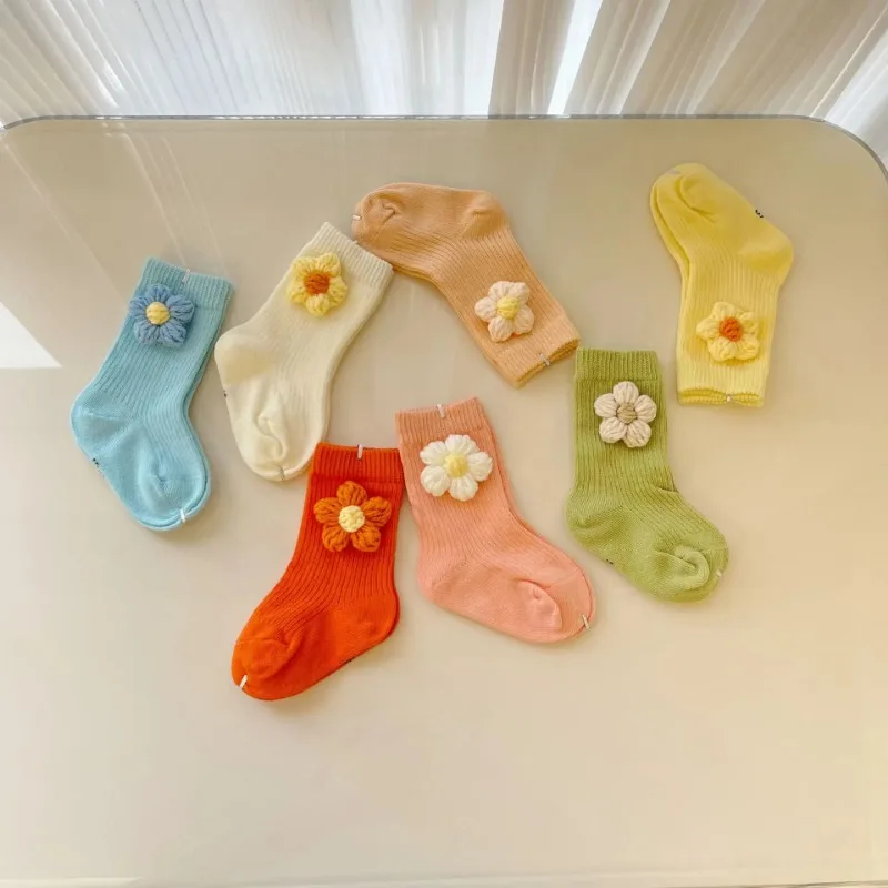 Cute Baby Handmade Knit Floral Socks Solid Color Middle Tube Kids Cotton Socks Newborn Infant Toddler Sockings 0-6years Old