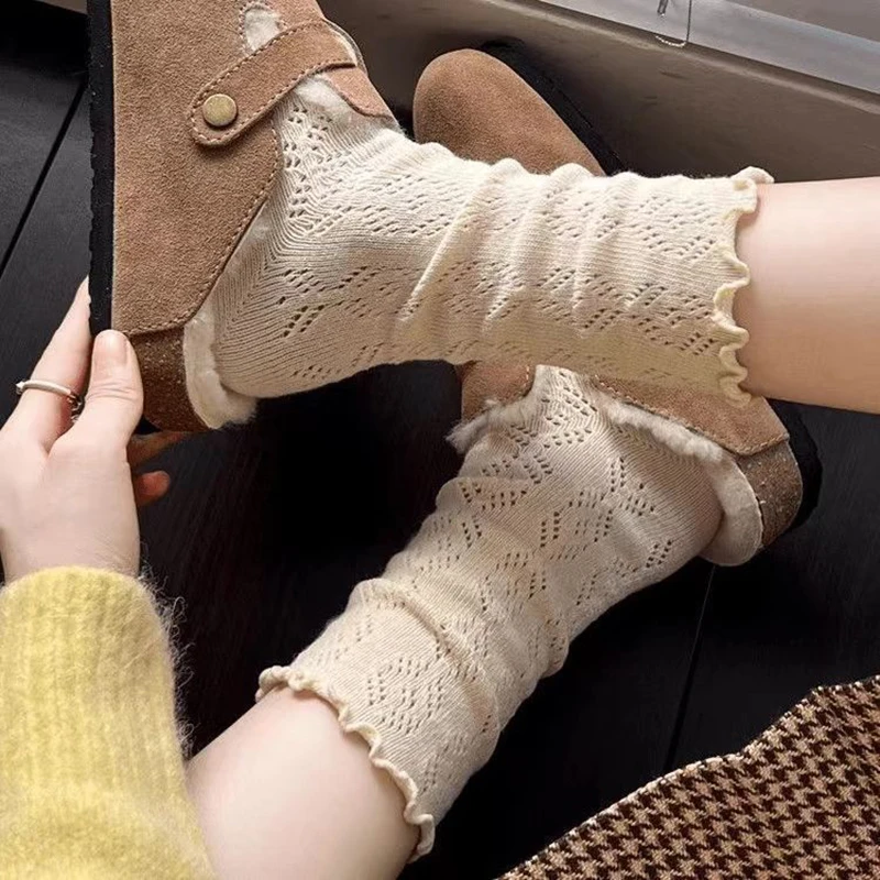 Autumn Women's Socks Lace Trim Hollow-Out Mesh Breathable Slouch Solid Color Instagram Style