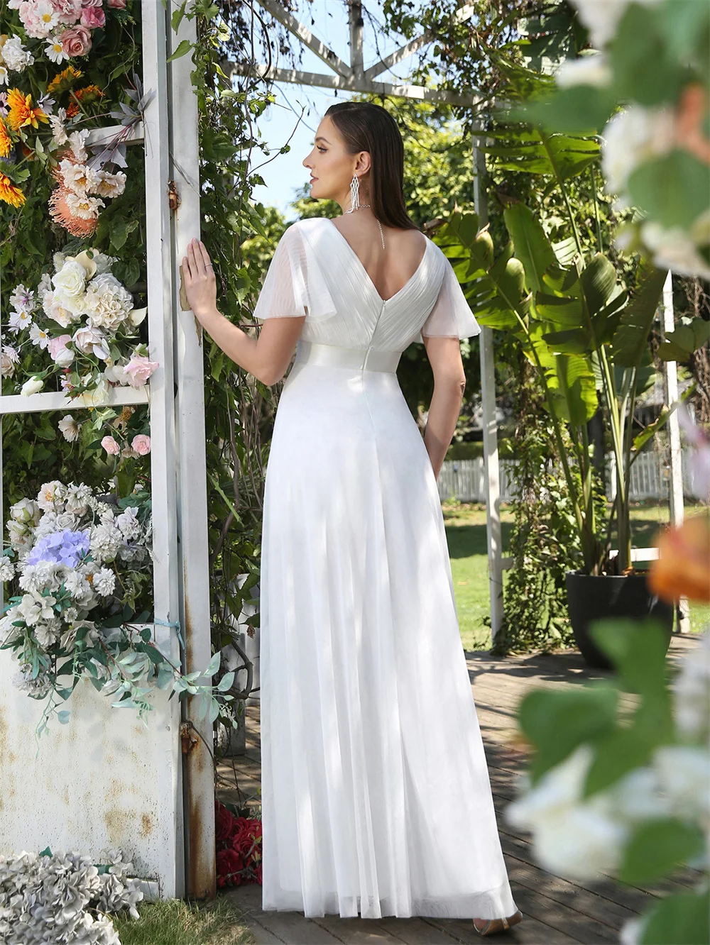 MisShow Flare Sleeve Pastrol Women Maxi Dress 2023 Cheap Wedding Dresses Bridal Gown Classic Pleated Bust Satin Sashes Female
